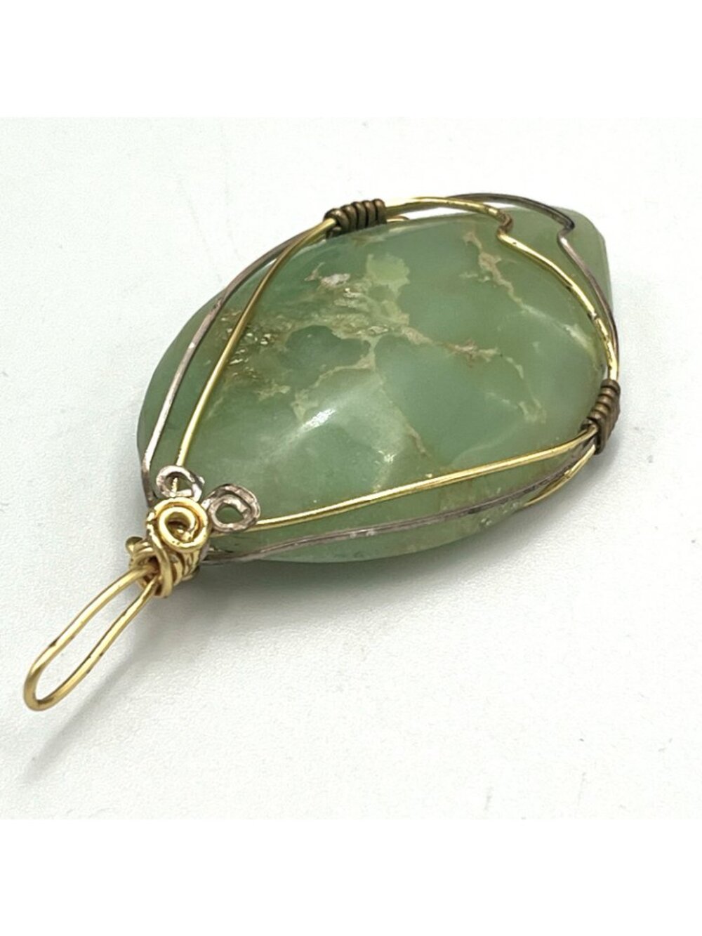 Large Green Stone Gold Tone Wire Wrapped Pendant Artisan Statement Bohemian 2.5" - Picture 9 of 10